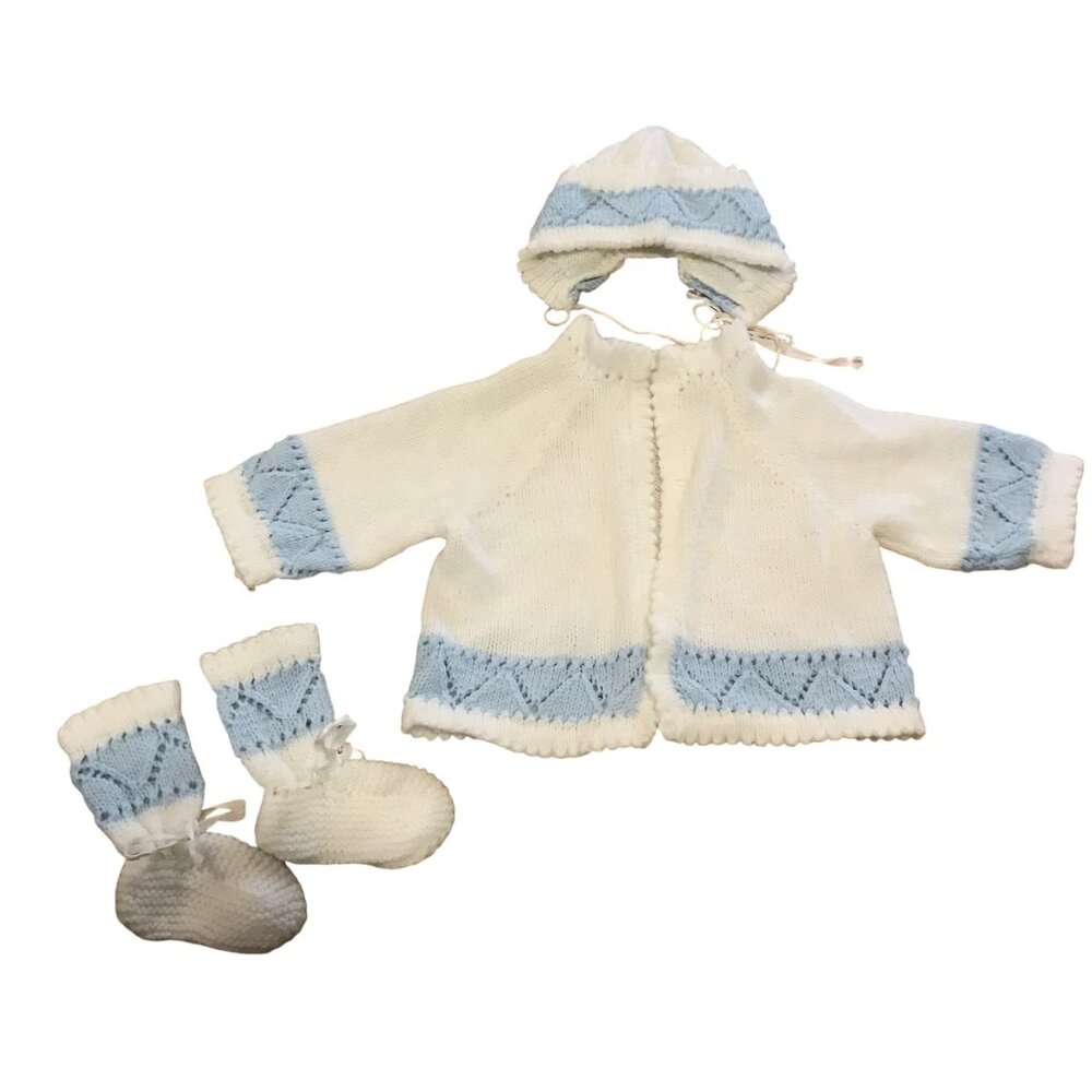 Baby Set Jacket Booties & Hat White & Blue Hand Knitted 0-3 Months